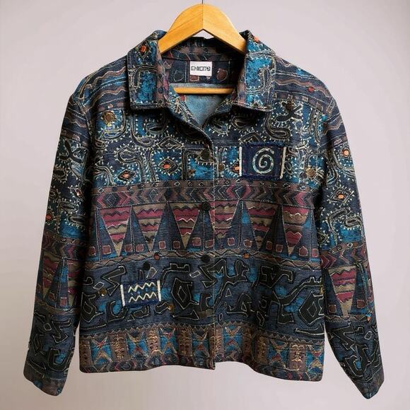 Chico's Embroidered Jacket XL Patchwork Stones Embellish Art to Wear Aztec Boho - Picture 1 of 16
